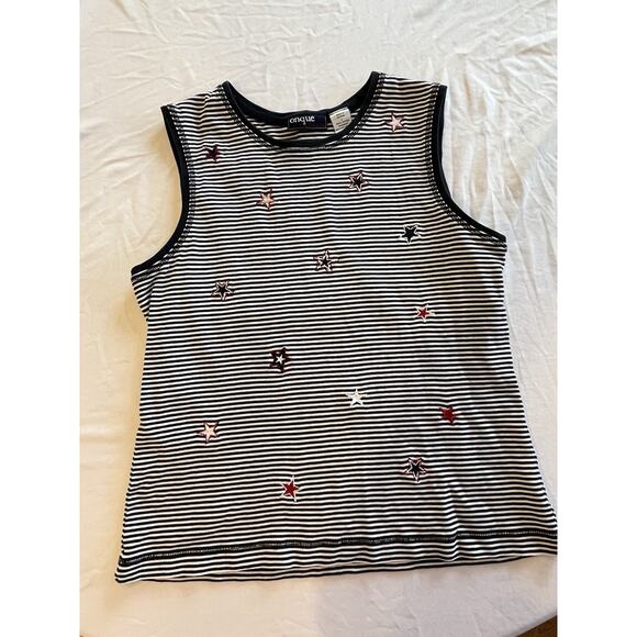 Onque Casual Patriotic Top Stripes white/blue Embroidered Stars July Fourth Tank - Picture 1 of 5